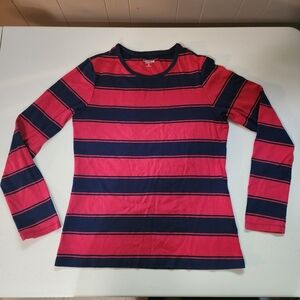Lands' End Shaped Fit Tee Womens Med 10-12 Red & Blue Rugby Striped Long Sleeve